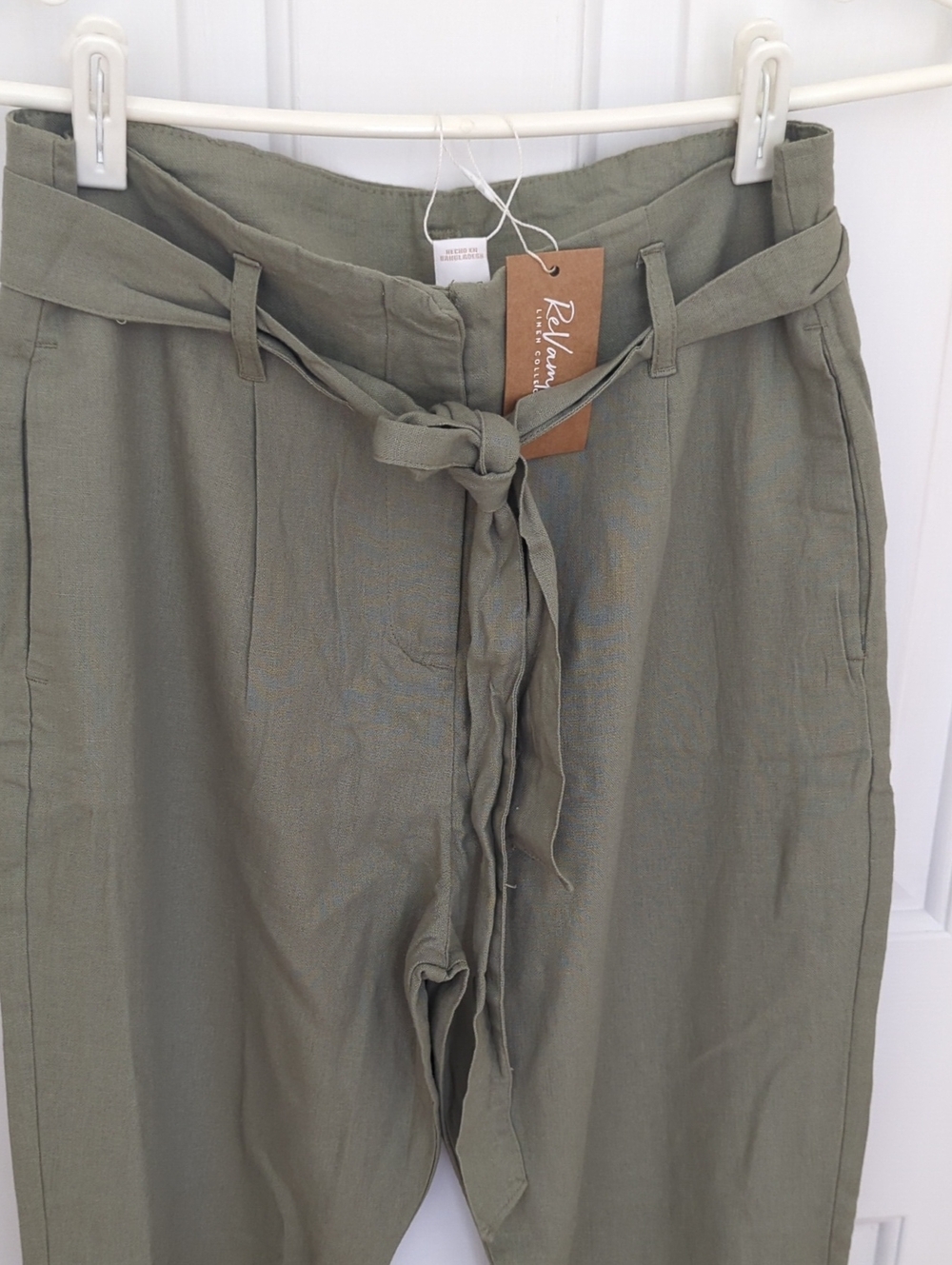 Linen Olive Green Straight-Leg Tie-Waist Pants